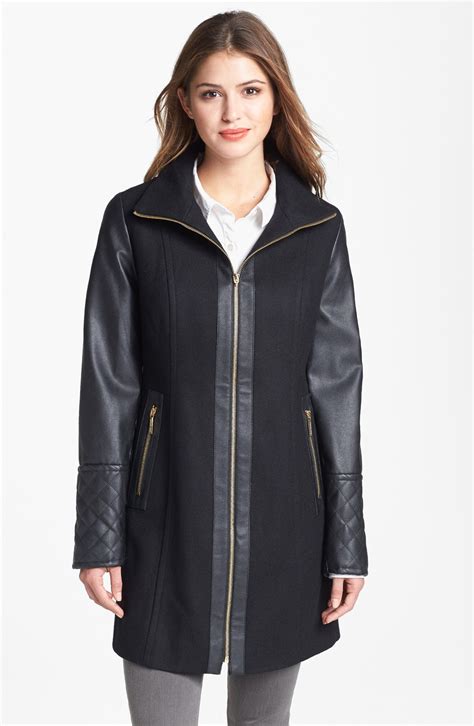 michael kors faux leather sleeve wool coat|Michael Kors leather jacket.